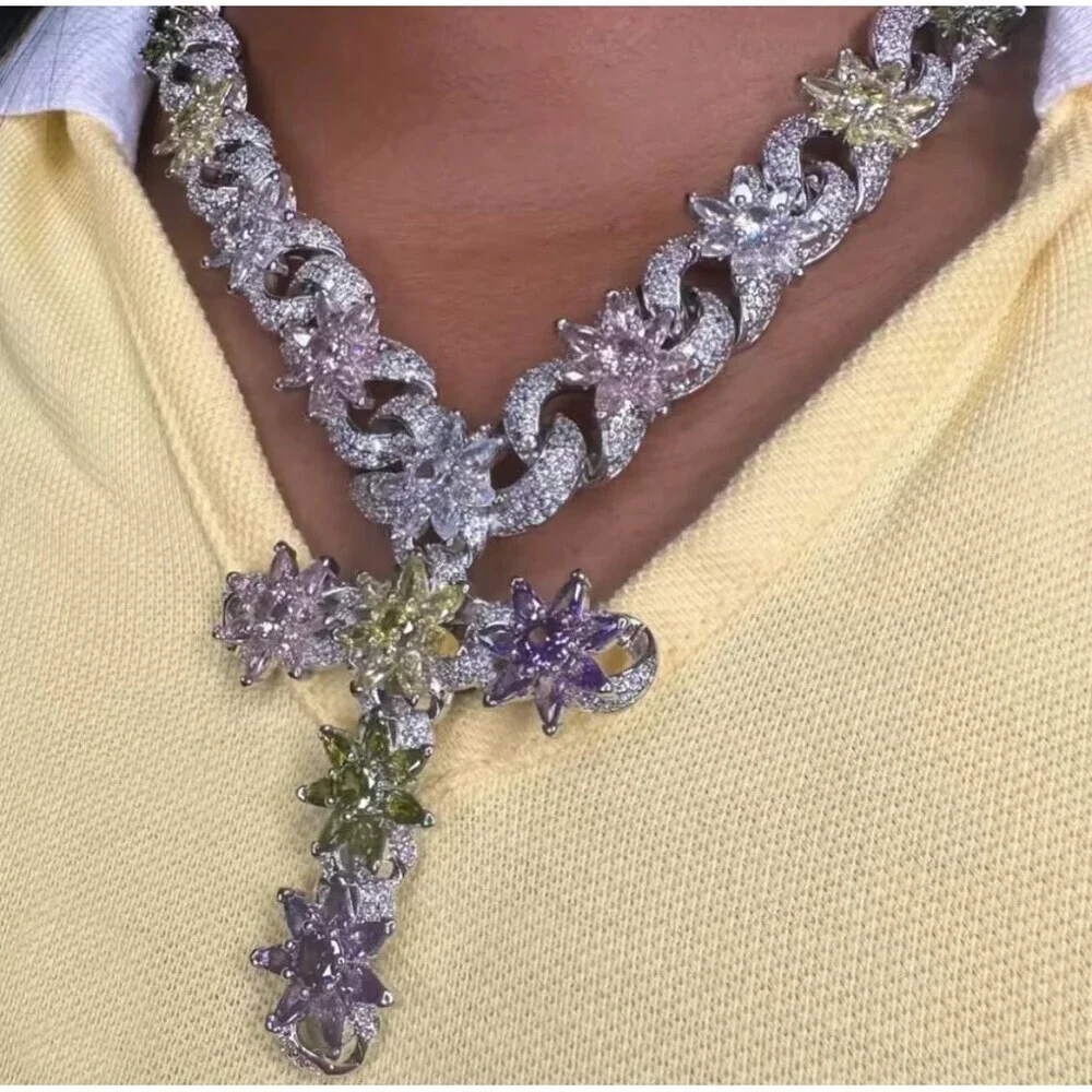 Colorful Flower Cross Pend Cuban Chain Necklace 18inch